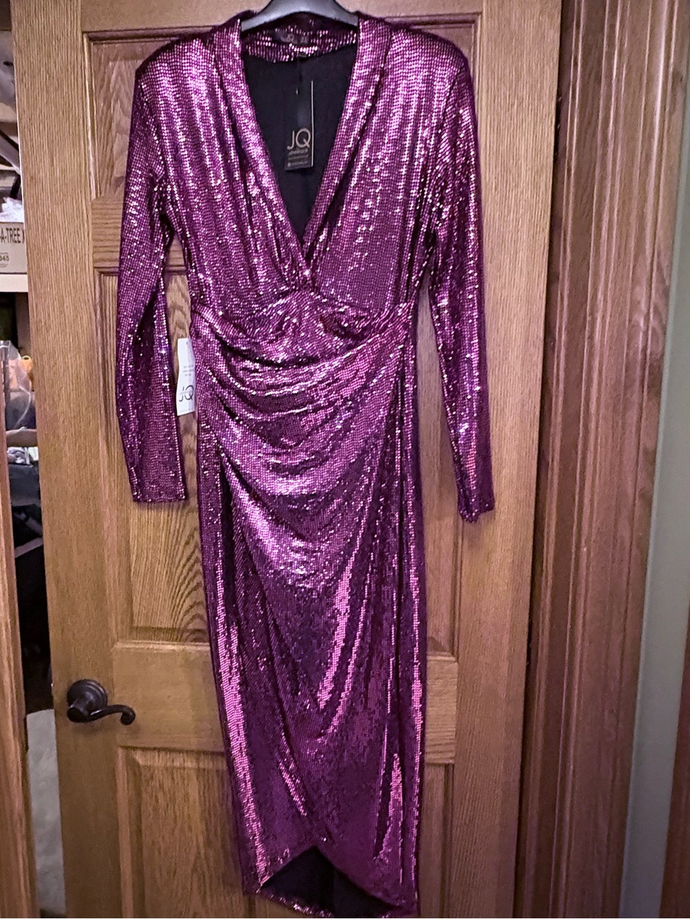 Metallic Magenta Sequin Long-Sleeve Midi Dress
